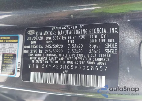 2021 Kia Telluride Sx z USA, uszkodzony, nr VIN 5XYP5DHC5MG098657